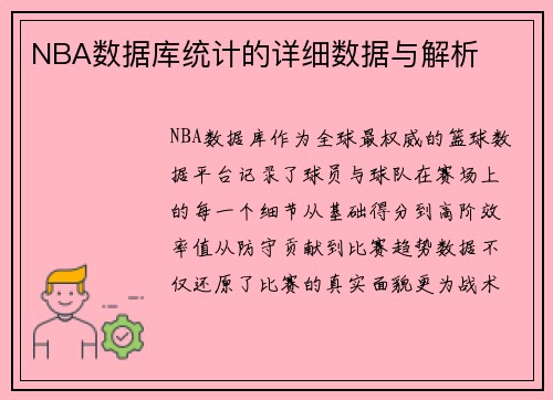 NBA数据库统计的详细数据与解析
